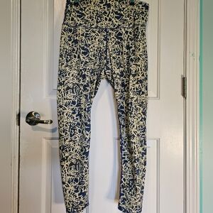 Anbeneed Blue and Yellow Leaf Print Yoga Athletic 25" Leggings Women's Sz XL